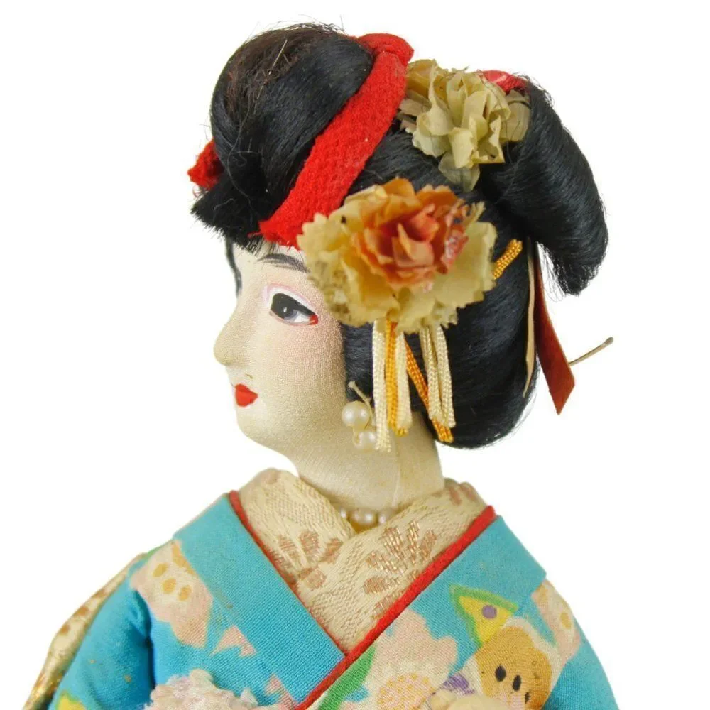 Vintage Japanese Geisha Doll Figurine in Traditional Turquoise Silk Crepe Kimono